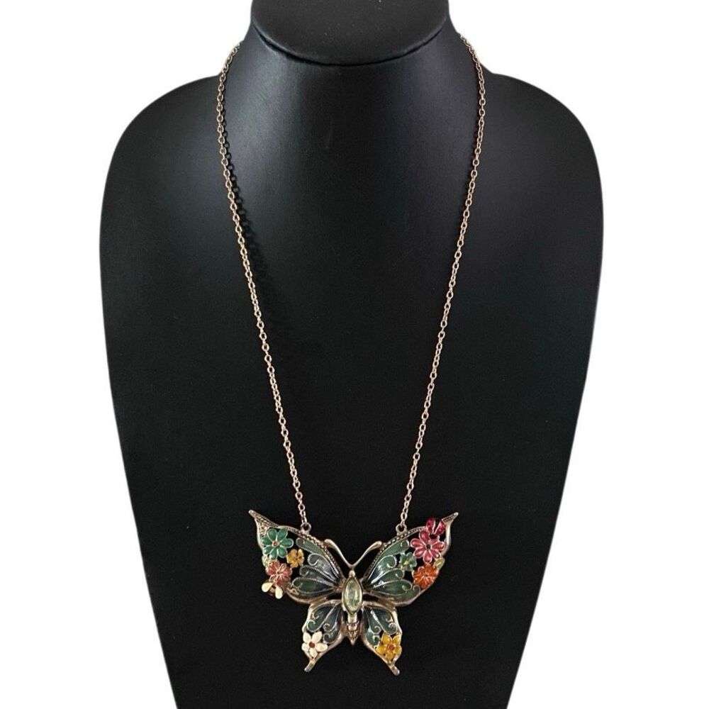 Betsey Johnson Butterfly Pendant Necklace 24" Gold-tone Enameled Hand-Painted - Picture 3 of 8